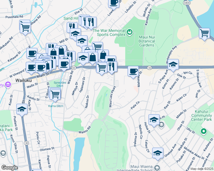 map of restaurants, bars, coffee shops, grocery stores, and more near 29 Keoneloa Street in Wailuku