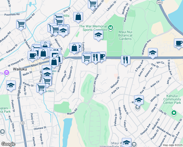 map of restaurants, bars, coffee shops, grocery stores, and more near 29 Keoneloa Street in Wailuku