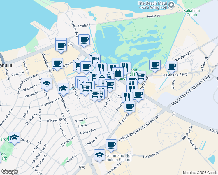map of restaurants, bars, coffee shops, grocery stores, and more near 310 Alamaha Street in Kahului