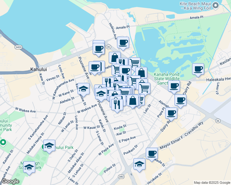 map of restaurants, bars, coffee shops, grocery stores, and more near 151 East Wakea Avenue in Kahului