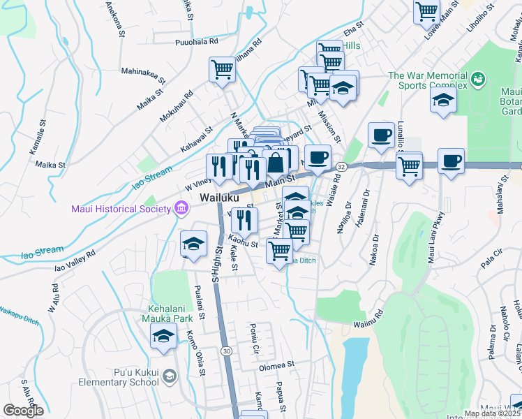 map of restaurants, bars, coffee shops, grocery stores, and more near 148 South Church Street in Wailuku