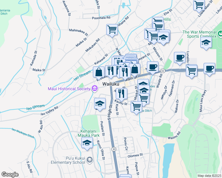 map of restaurants, bars, coffee shops, grocery stores, and more near 132 Naulu Street in Wailuku