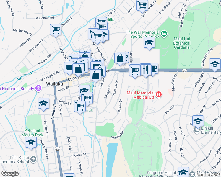 map of restaurants, bars, coffee shops, grocery stores, and more near 206 Leinani Drive in Wailuku