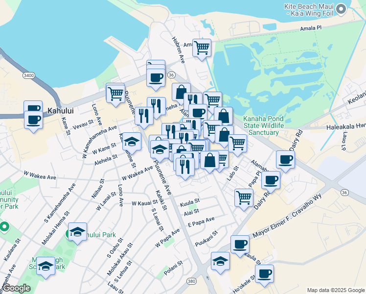 map of restaurants, bars, coffee shops, grocery stores, and more near 151 East Wakea Avenue in Kahului