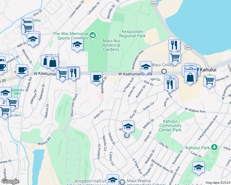 map of restaurants, bars, coffee shops, grocery stores, and more near 11 Koiula Lane in Kahului