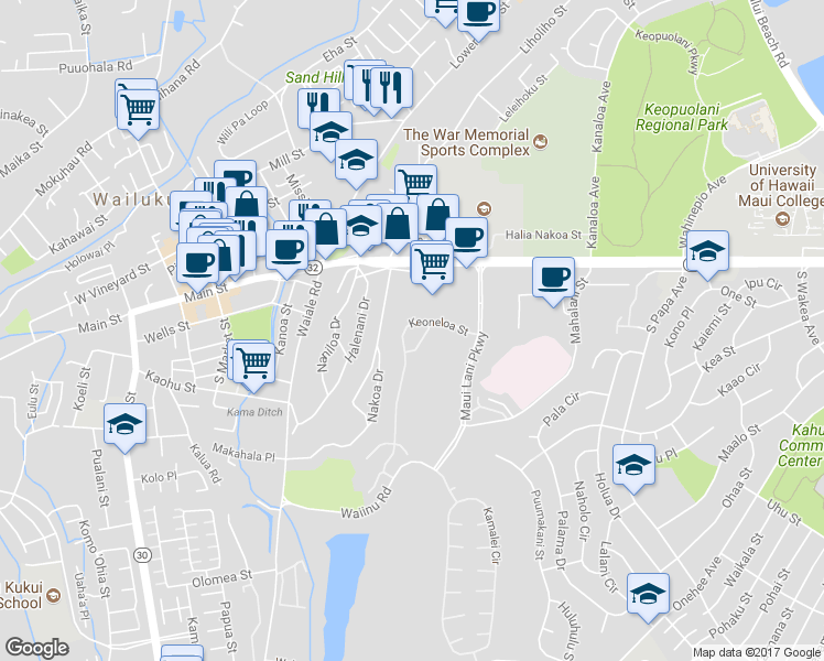 map of restaurants, bars, coffee shops, grocery stores, and more near 77 Keoneloa Street in Wailuku