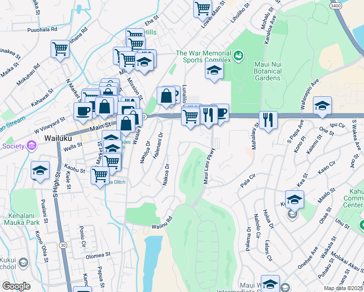 map of restaurants, bars, coffee shops, grocery stores, and more near 77 Keoneloa Street in Wailuku