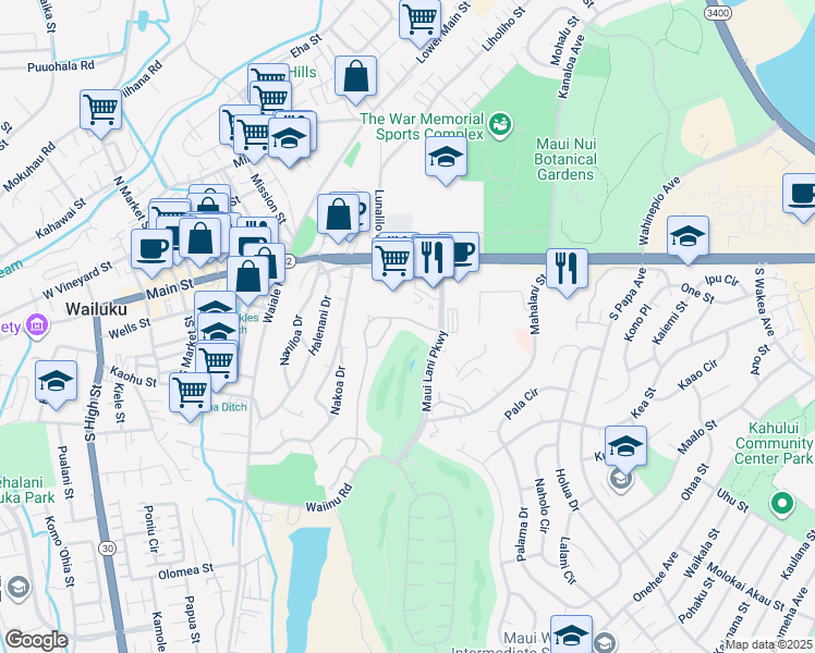 map of restaurants, bars, coffee shops, grocery stores, and more near 33 Keoneloa Street in Wailuku