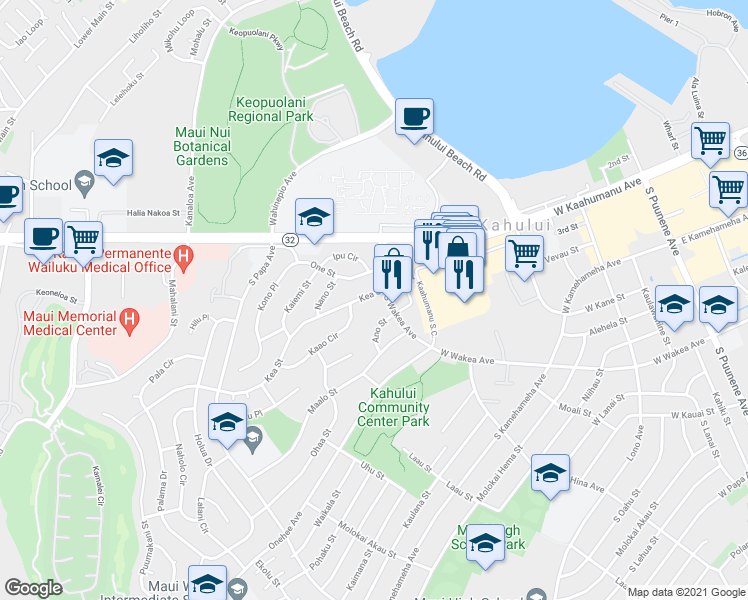 map of restaurants, bars, coffee shops, grocery stores, and more near 383 Kea Street in Kahului