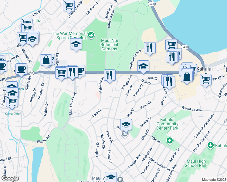 map of restaurants, bars, coffee shops, grocery stores, and more near 7 Koiula Lane in Kahului