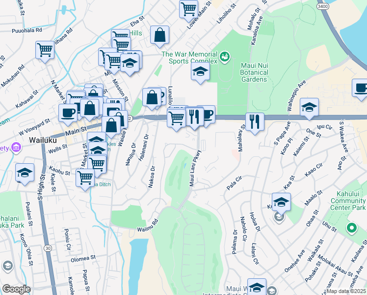 map of restaurants, bars, coffee shops, grocery stores, and more near 33 Keoneloa Street in Wailuku