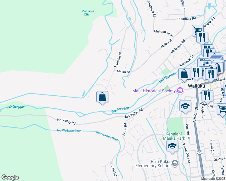 map of restaurants, bars, coffee shops, grocery stores, and more near 30 Maunalei Place in Wailuku