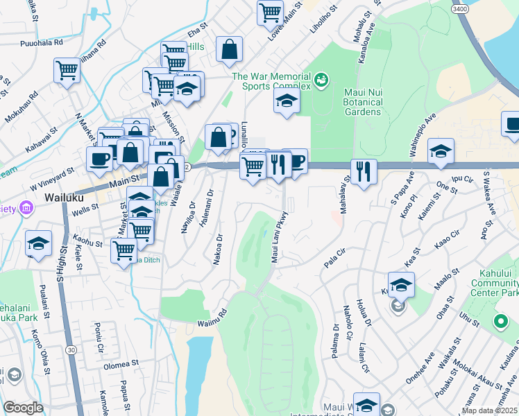 map of restaurants, bars, coffee shops, grocery stores, and more near 41 Keoneloa Street in Wailuku
