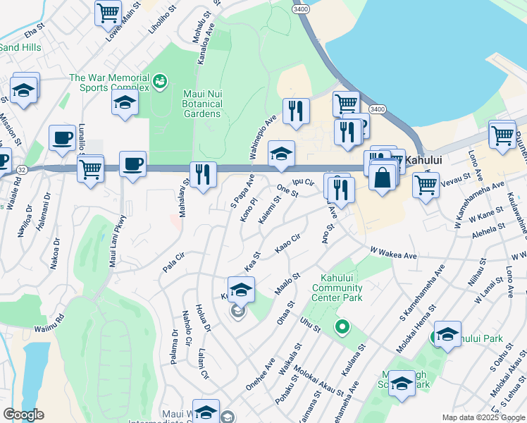 map of restaurants, bars, coffee shops, grocery stores, and more near 86 Kaiemi Street in Kahului