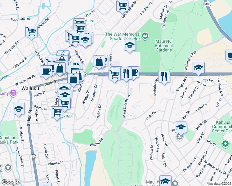 map of restaurants, bars, coffee shops, grocery stores, and more near 43 Keoneloa Street in Wailuku