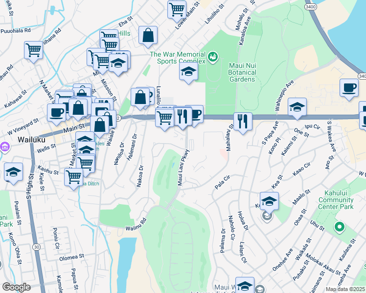 map of restaurants, bars, coffee shops, grocery stores, and more near 12 Keoneloa Street in Wailuku