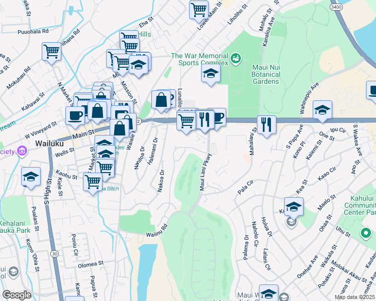 map of restaurants, bars, coffee shops, grocery stores, and more near 43 Keoneloa Street in Wailuku