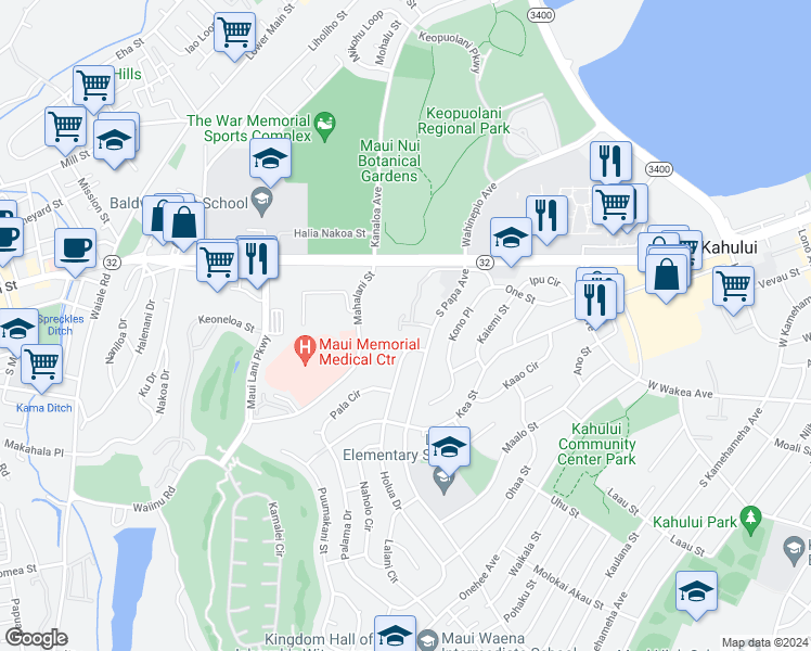 map of restaurants, bars, coffee shops, grocery stores, and more near 310 Hilu Place in Kahului