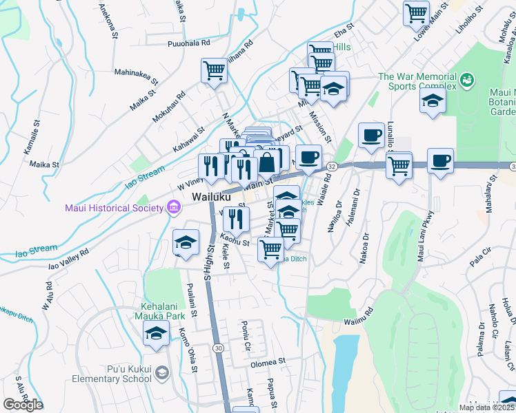 map of restaurants, bars, coffee shops, grocery stores, and more near 148 South Church Street in Wailuku