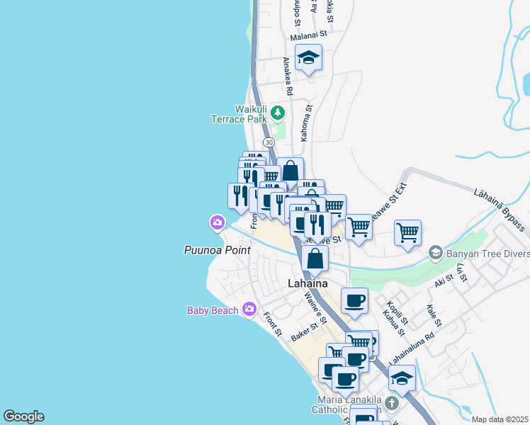 map of restaurants, bars, coffee shops, grocery stores, and more near 1251 Front Street in Lahaina