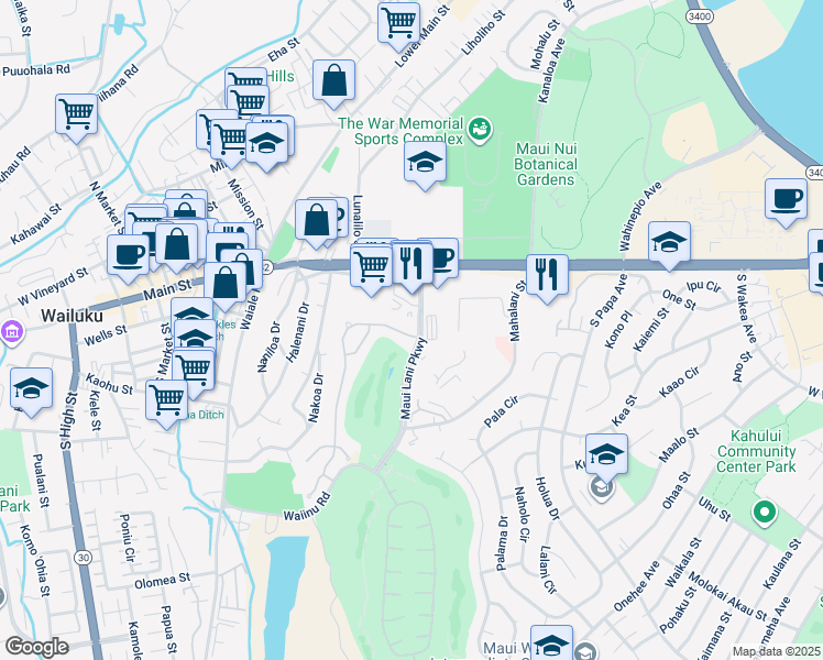 map of restaurants, bars, coffee shops, grocery stores, and more near 12 Keoneloa Street in Wailuku