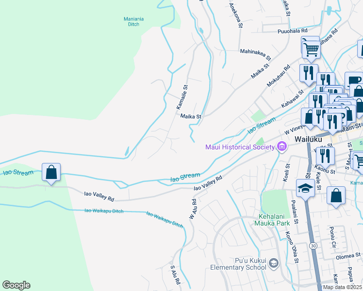 map of restaurants, bars, coffee shops, grocery stores, and more near 50 Maunalei Place in Wailuku