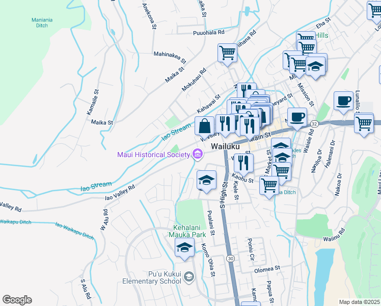 map of restaurants, bars, coffee shops, grocery stores, and more near 2444 Main Street in Wailuku