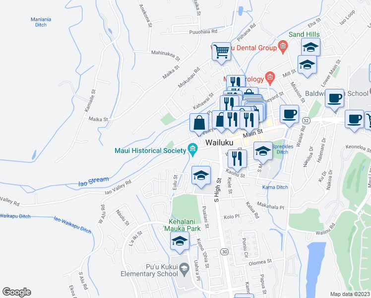 map of restaurants, bars, coffee shops, grocery stores, and more near 2404 Main Street in Wailuku