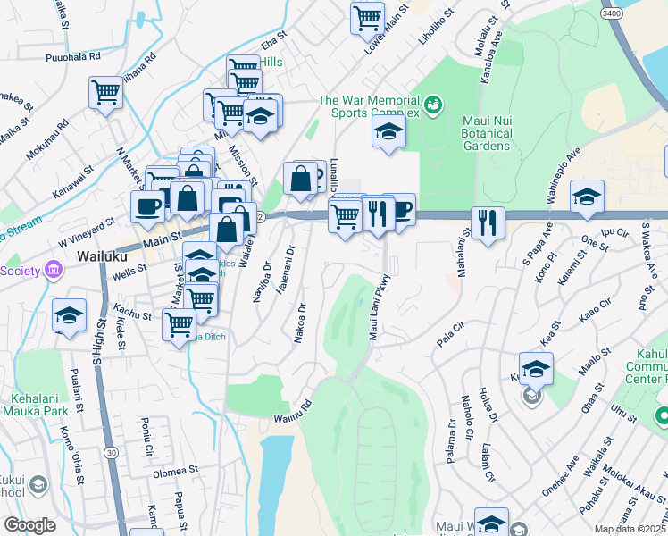 map of restaurants, bars, coffee shops, grocery stores, and more near 63 Keoneloa Street in Wailuku