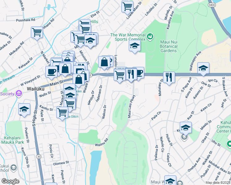 map of restaurants, bars, coffee shops, grocery stores, and more near 63 Keoneloa Street in Wailuku