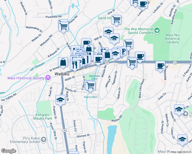 map of restaurants, bars, coffee shops, grocery stores, and more near 125 Kanoa Street in Wailuku
