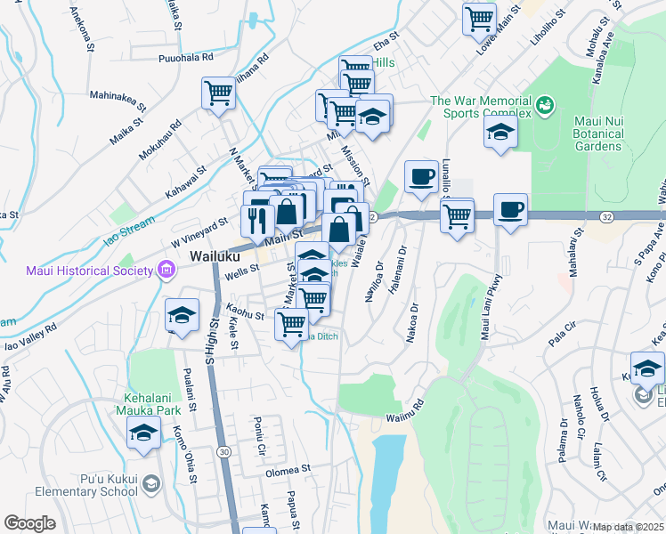 map of restaurants, bars, coffee shops, grocery stores, and more near 125 Kanoa Street in Wailuku