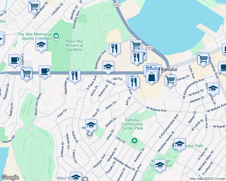 map of restaurants, bars, coffee shops, grocery stores, and more near 47 Nano Street in Kahului