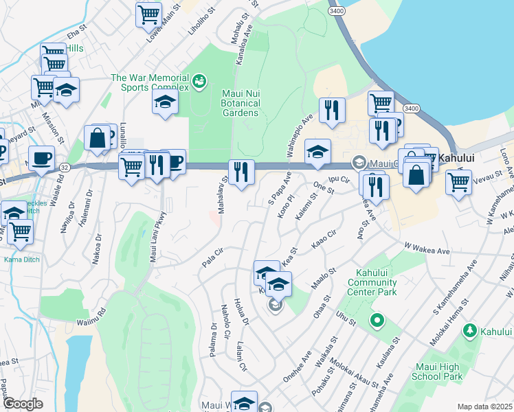 map of restaurants, bars, coffee shops, grocery stores, and more near 310 Hilu Place in Kahului