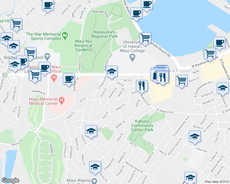 map of restaurants, bars, coffee shops, grocery stores, and more near 69 Kaiemi Street in Kahului