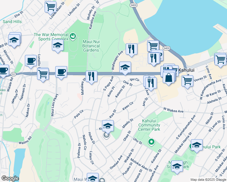 map of restaurants, bars, coffee shops, grocery stores, and more near 77 Kono Place in Kahului
