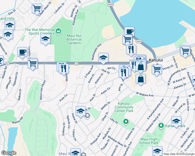 map of restaurants, bars, coffee shops, grocery stores, and more near 80 Kaiemi Street in Kahului