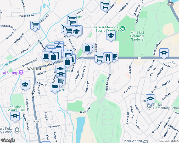 map of restaurants, bars, coffee shops, grocery stores, and more near 66 Nakoa Drive in Wailuku