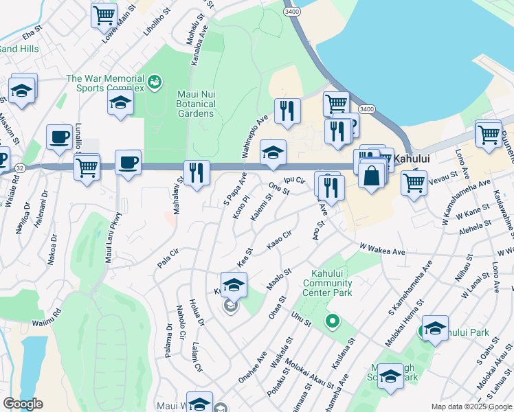 map of restaurants, bars, coffee shops, grocery stores, and more near 80 Kaiemi Street in Kahului