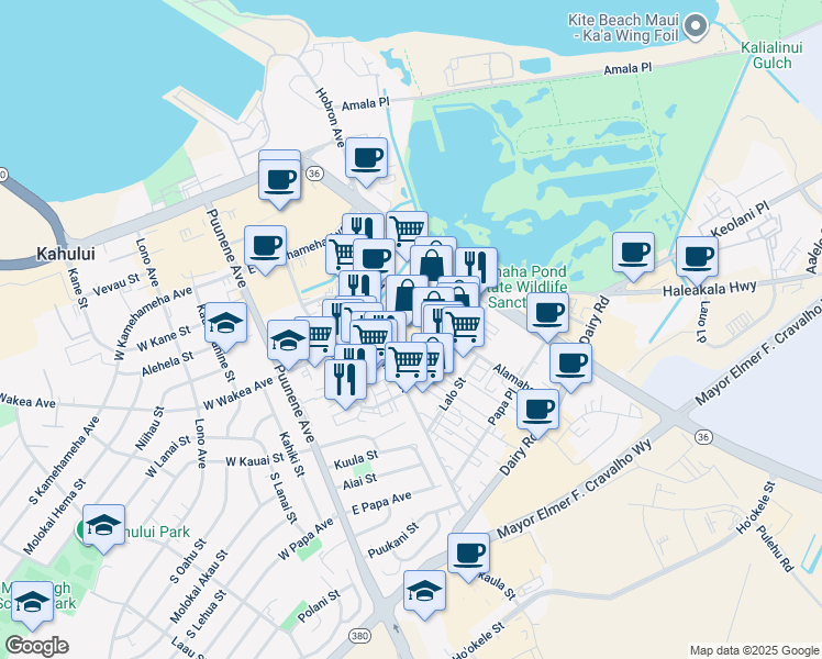 map of restaurants, bars, coffee shops, grocery stores, and more near 250 Alamaha Street in Kahului