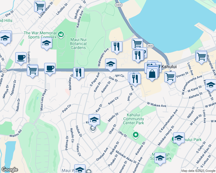 map of restaurants, bars, coffee shops, grocery stores, and more near 69 Kaiemi Street in Kahului