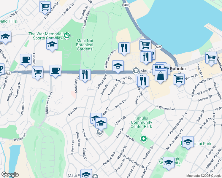 map of restaurants, bars, coffee shops, grocery stores, and more near 80 Kaiemi Street in Kahului