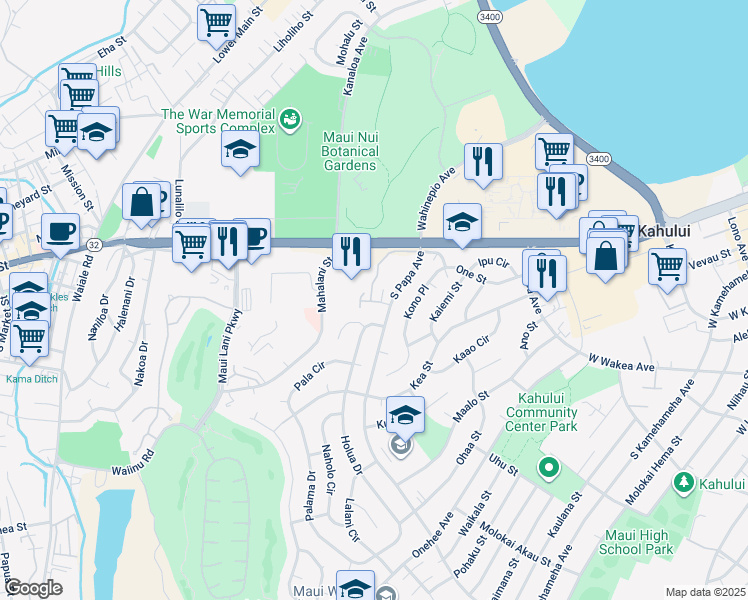 map of restaurants, bars, coffee shops, grocery stores, and more near 56 Kunihi Lane in Kahului