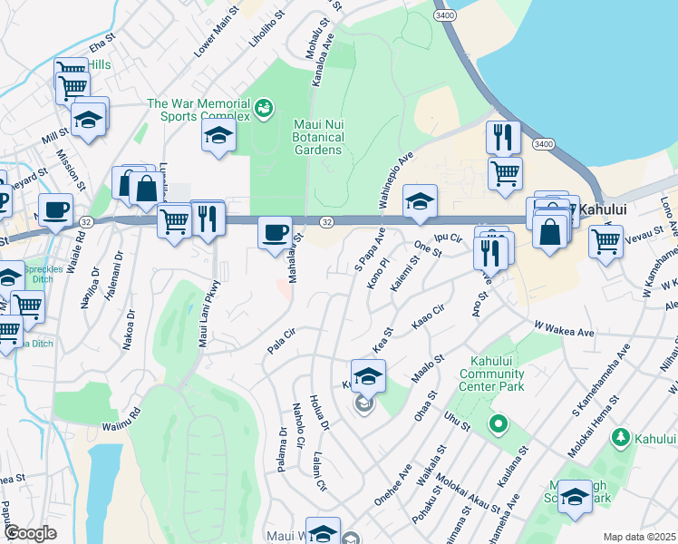 map of restaurants, bars, coffee shops, grocery stores, and more near 60 Kunihi Lane in Kahului