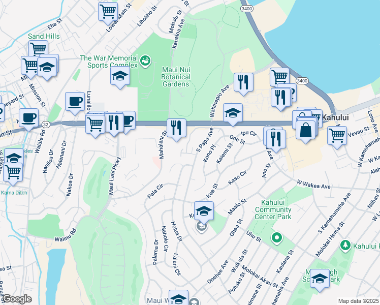 map of restaurants, bars, coffee shops, grocery stores, and more near 44 Kunihi Lane in Kahului