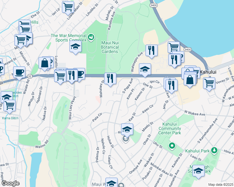 map of restaurants, bars, coffee shops, grocery stores, and more near 64 Kunihi Lane in Kahului