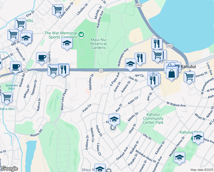 map of restaurants, bars, coffee shops, grocery stores, and more near 44 Kunihi Lane in Kahului