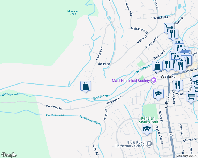 map of restaurants, bars, coffee shops, grocery stores, and more near 50 Maunalei Place in Wailuku