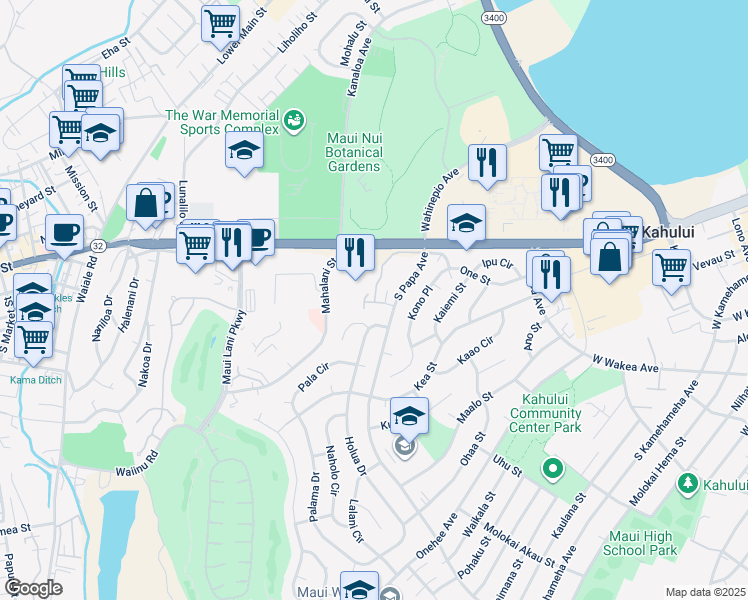 map of restaurants, bars, coffee shops, grocery stores, and more near 70 Kunihi Lane in Kahului