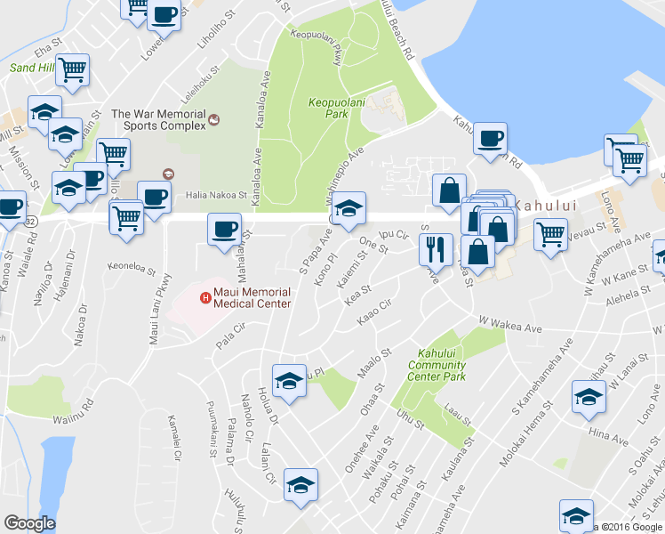 map of restaurants, bars, coffee shops, grocery stores, and more near 77 Kono Place in Kahului